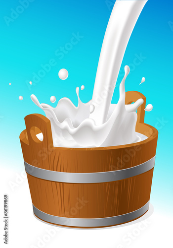 wooden pail with milk pour isolated on white - vector illustration