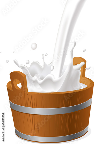wooden pail with milk pour isolated on white - vector illustration