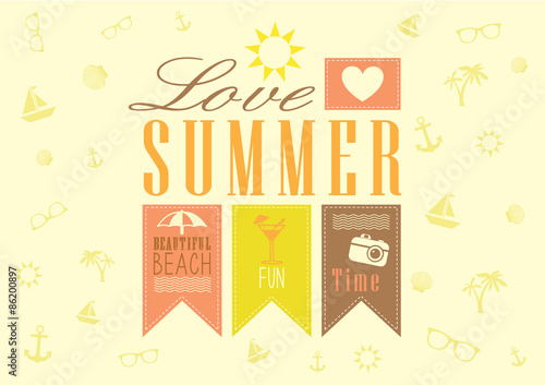 Summer time set. Typographic and symbols design. Vector illustrations on light yellow background.