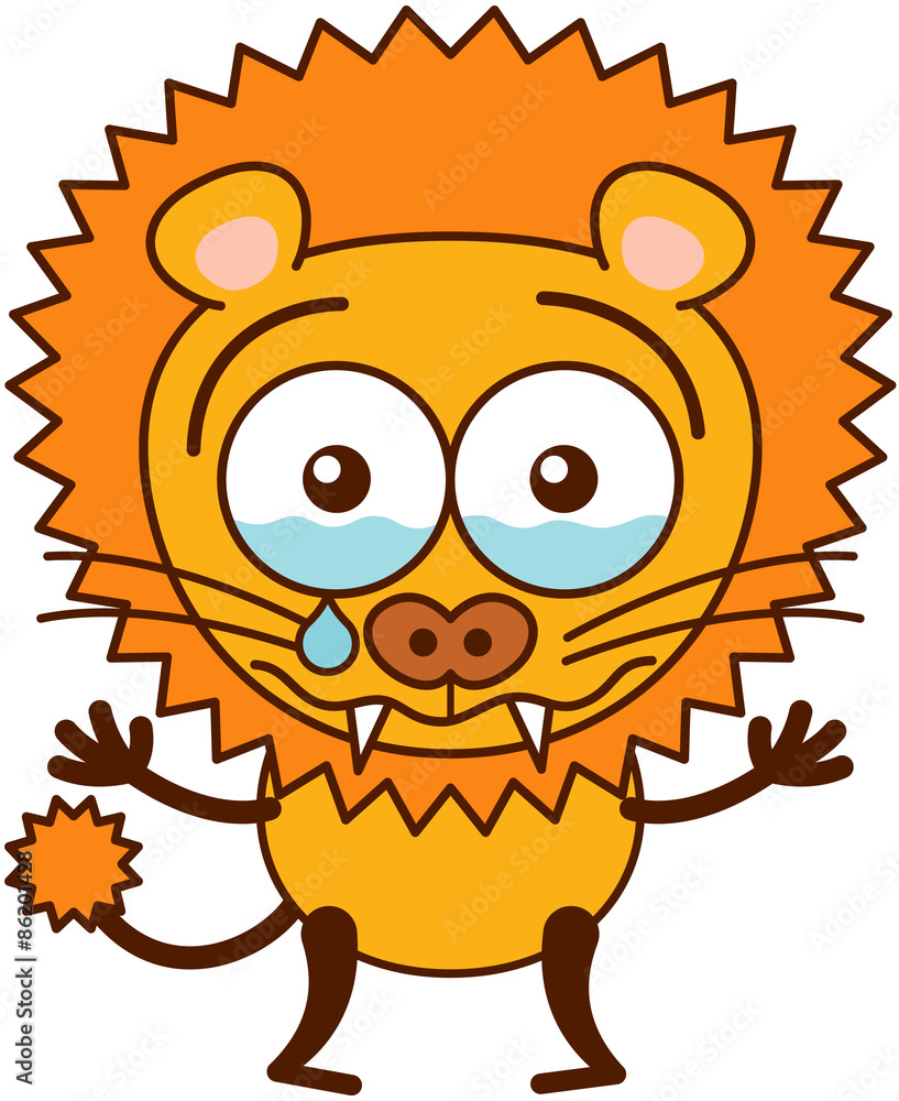 Fototapeta premium Cute lion crying disconsolately and looking for reassurance 
