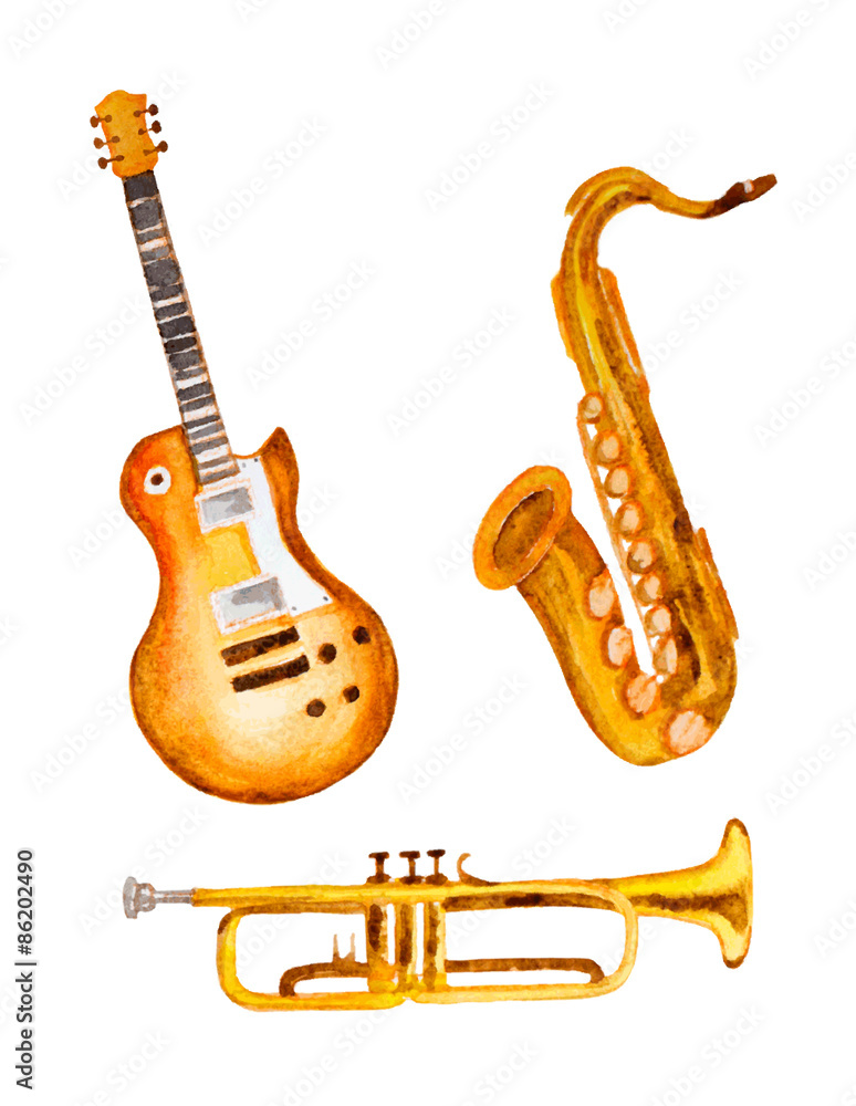 Obraz premium gitara, saksofon i trąbka, wektor akwarela