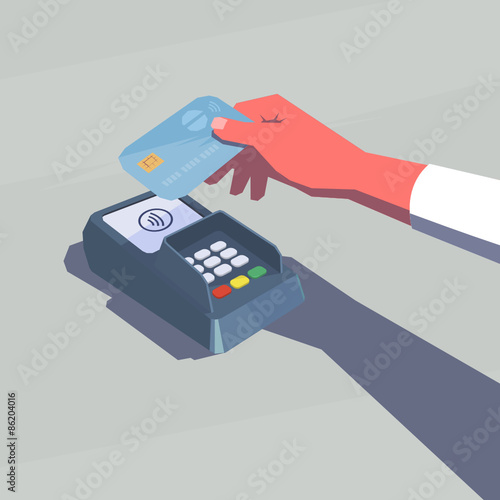 Contactless payment. Female hand holding credit card. NFC technology. Retro style illustration.