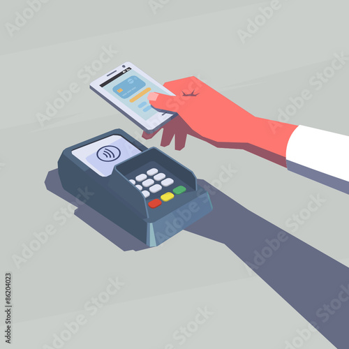 Contactless payment. Female hand holding mobile phone. NFC technology. Retro style illustration.