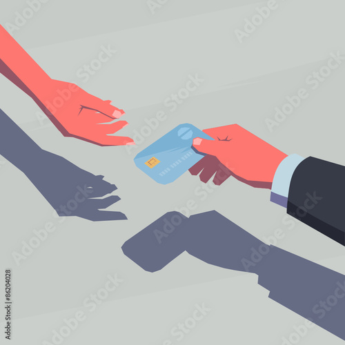Male hand giving a credit card. Retro style illustration.