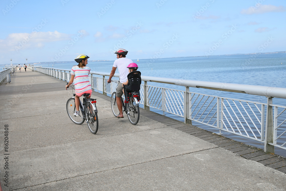Fototapeta premium Back view of family on a biking journey by the sea