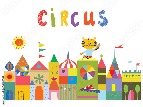Circus background with funny builidngs, animals and sun