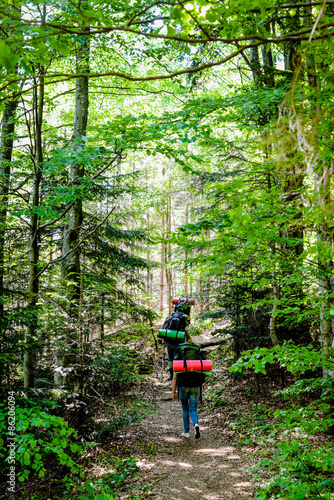 Young people hiking with backpacks. Happy travelers hikers having fun outdoors in forest.