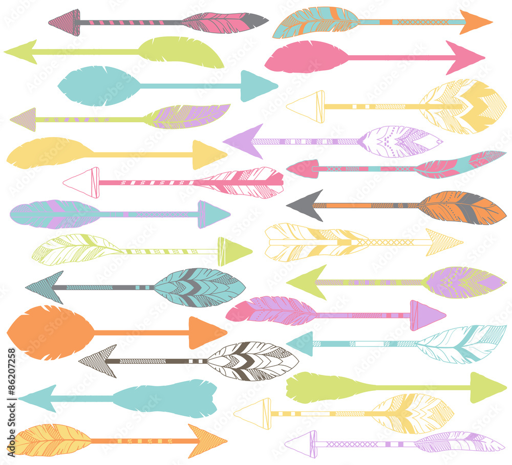 Naklejka premium Vector Set of Stylized or Abstract Feather Arrows and Feather Arrow Silhouettes