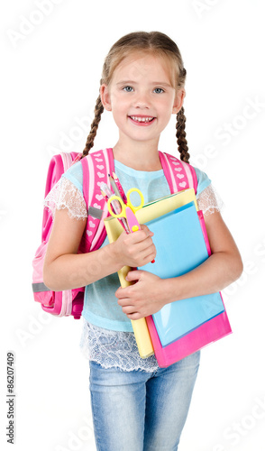 Portrait of smiling schoolgirl with school bag