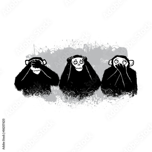 Three Monkeys. Buddhist principle of rejection of evil. Vector illustration.