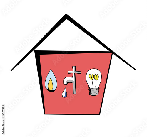 Vector cartoon house containing gas, water and electricity symbols