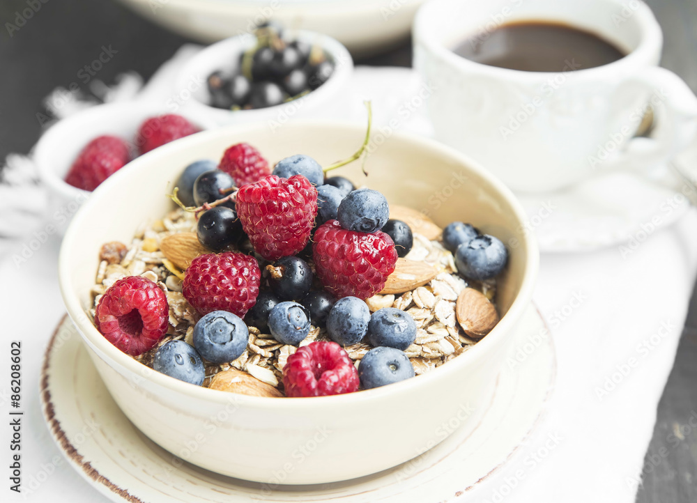 Muesli with Raspberry,Blueberry and Currant, Coffee and Juice Muesli with Raspberry,Blueberry and Currant, Coffee and Juice