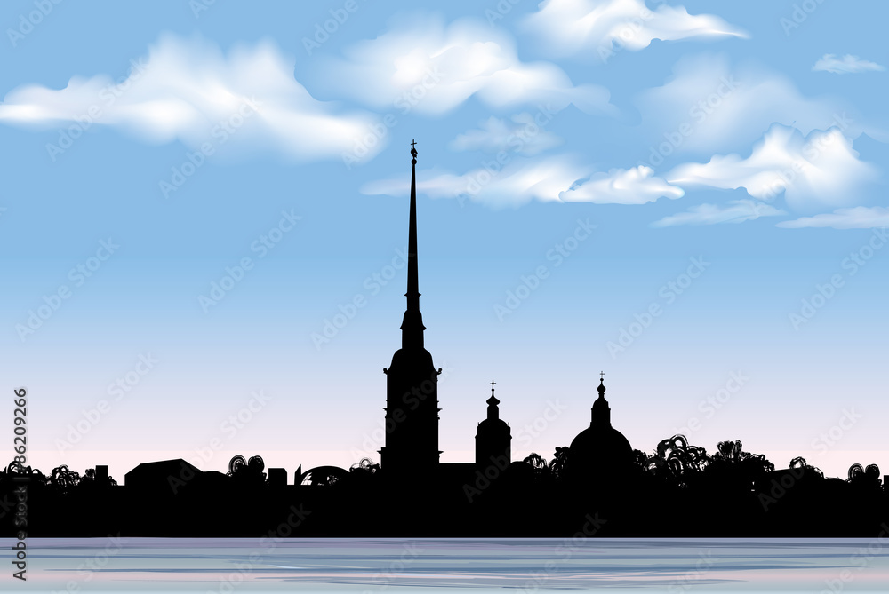 St. Petersburg landmark, Russia, Russian sunrise cityscape silhouette background. 