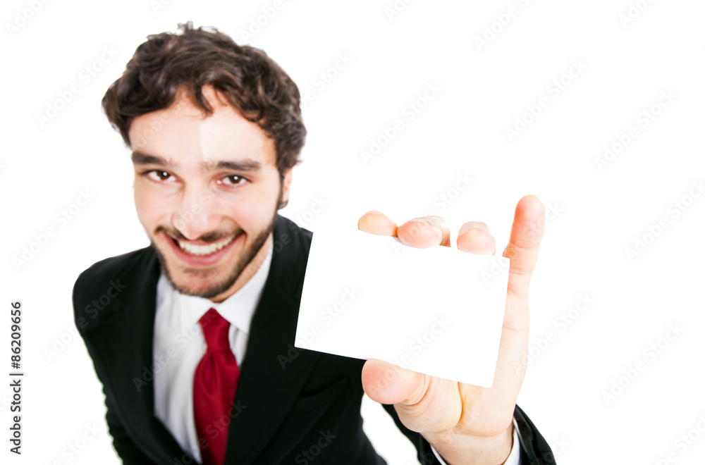 Man showing a blank business card Man showing a blank business card