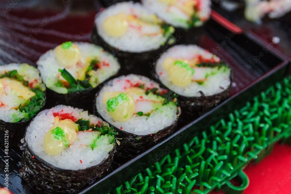 close up of sushi rolls traditional japanese food close up of sushi rolls traditional japanese food
