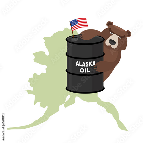 Oil Barrel Alaska map background. Flag of  United States. Bear k