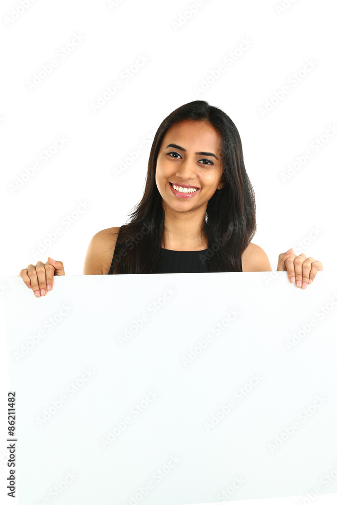 Indian Business Woman displaying white placard for your text. Isolated portrait on white.. Indian Business Woman displaying white placard for your text. Isolated portrait on white..