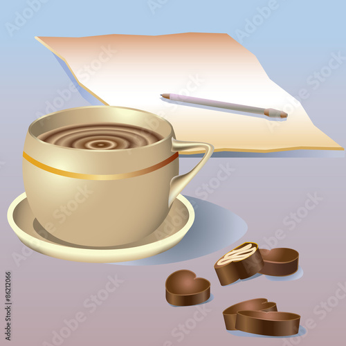 Cup with coffee, candy and paper with pen