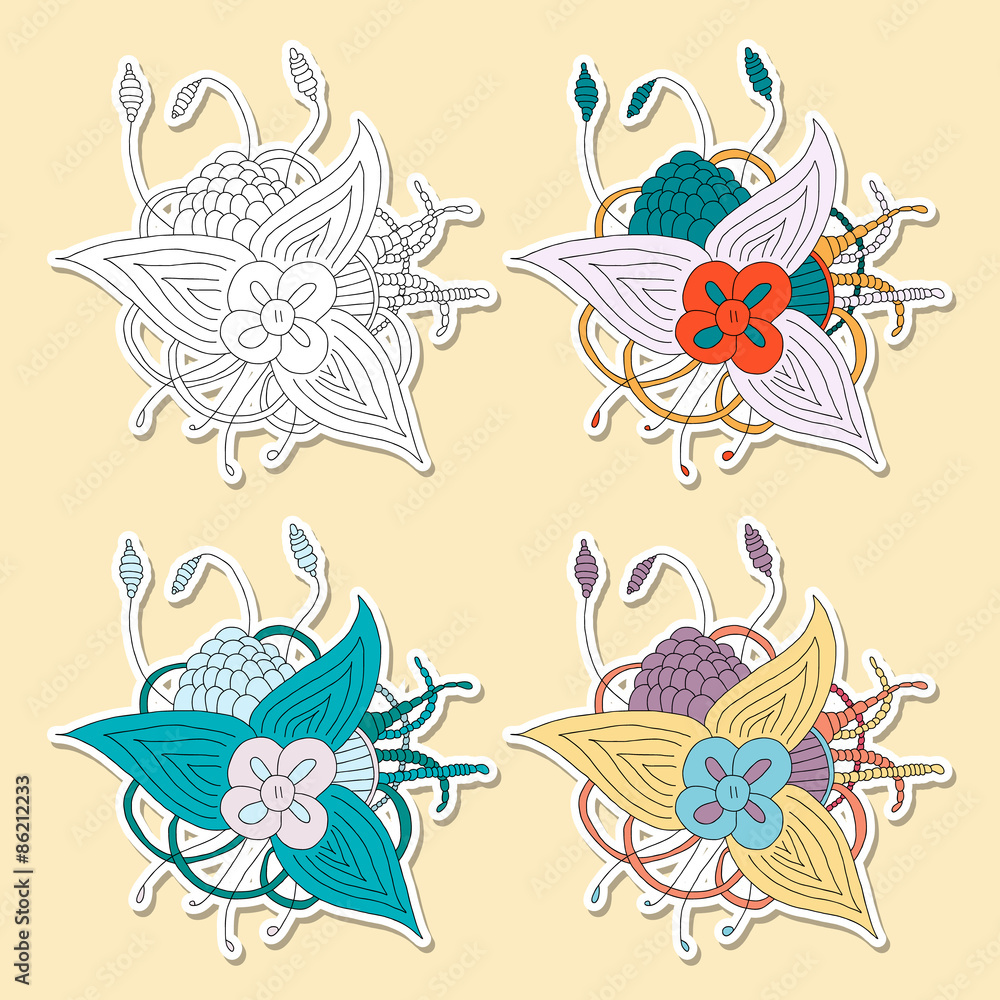 Set of abstract hamd drawn flower in differents colors. Set of abstract hamd drawn flower in differents colors.