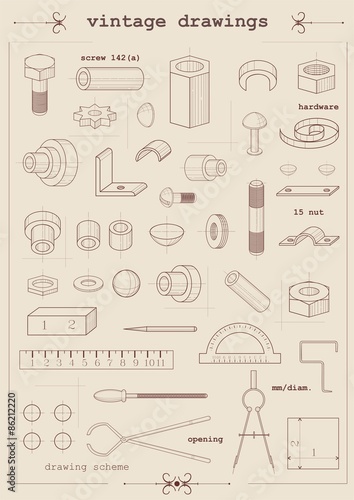 Vintage drawings. Set of vintage drawings of different components in the vector.