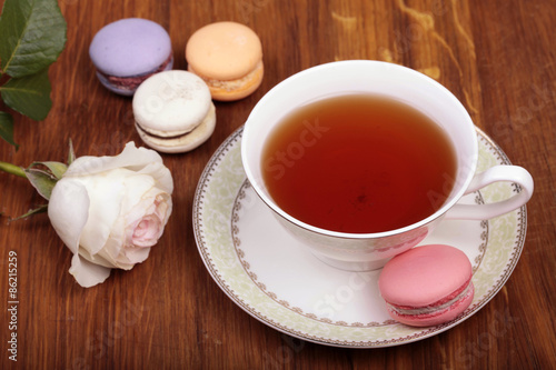 traditional french macrons with tea set