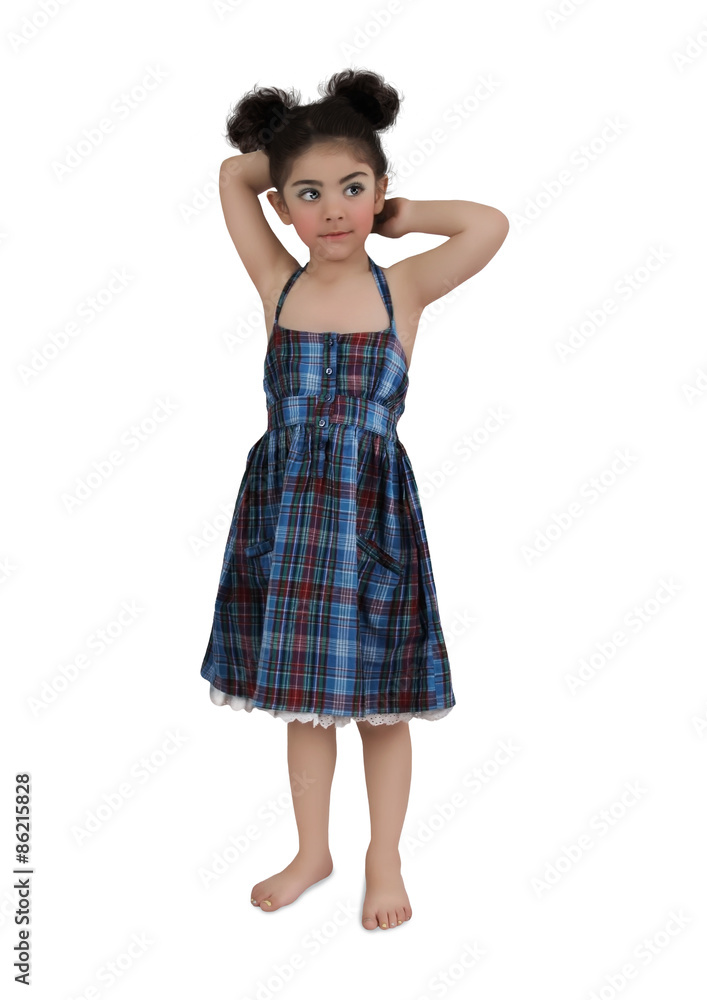 Little girl in checkered sundress on white, isolated background. Little girl in checkered sundress on white, isolated background.