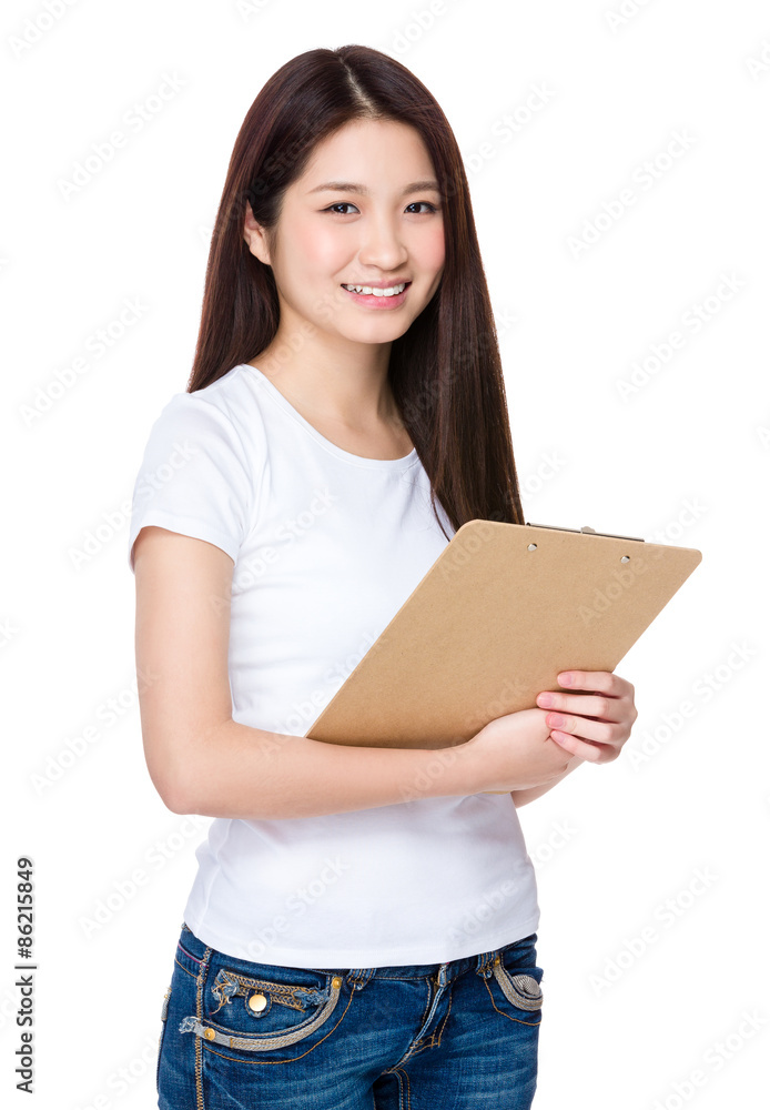 Asian young woman hold with clipboard Asian young woman hold with clipboard