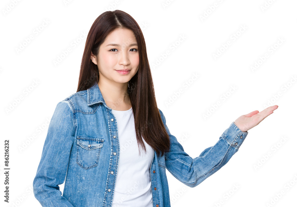 asian young woman with hand present some information asian young woman with hand present some information