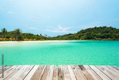 Wooden platform beside tropical beach at Koh Kood island