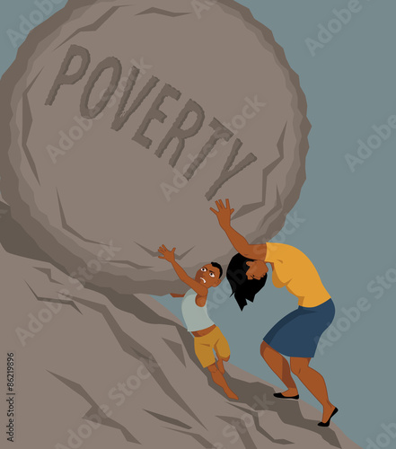 Woman pushing a rock with the word poverty written on it uphill, a little boy helping her, vector illustration, no transparencies, EPS 8