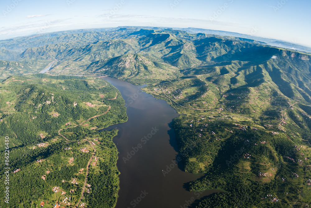 Aerial flying Inanda Valley hills valleys dam landscape outside Durban