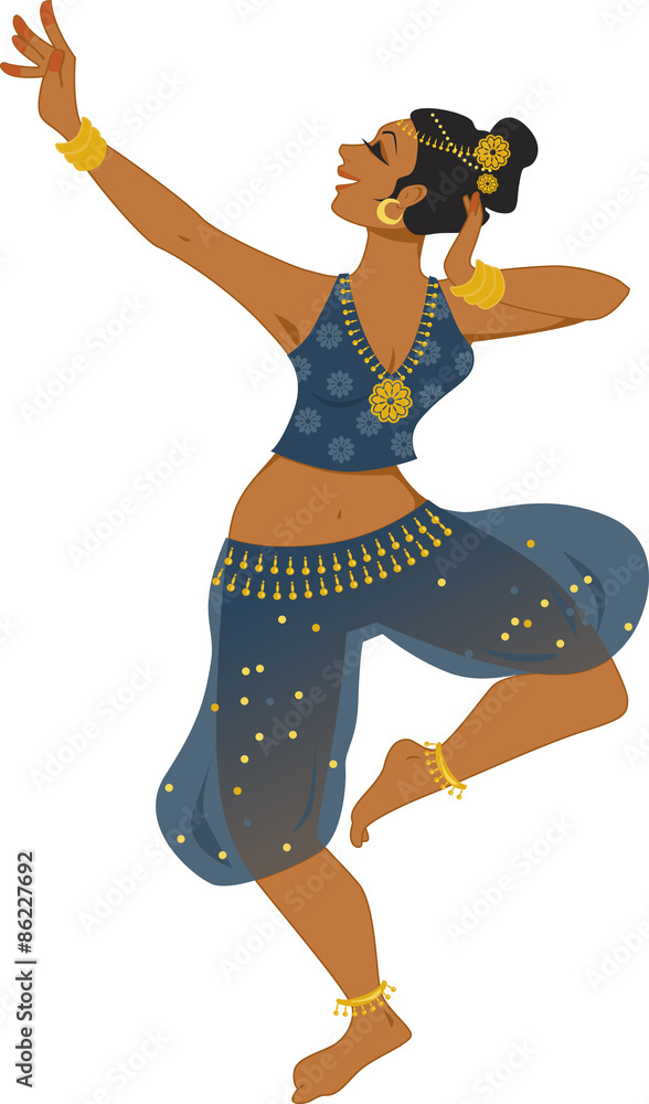 Woman in a stage costume dancing a traditional Indian dance, vector ...