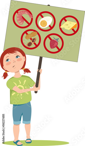 Cute cartoon girl holding a poster with warning signs for typical food allergens: shellfish, peanuts, eggs, dairy and fruits, vector illustration, EPS 8