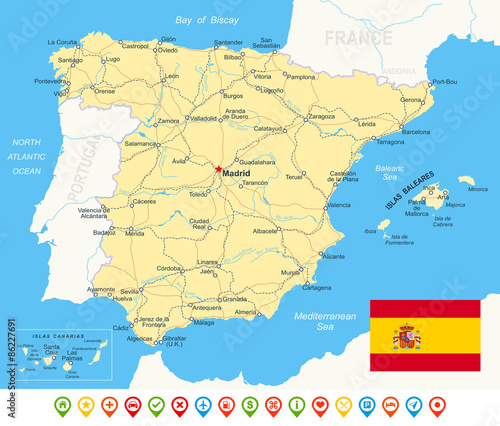 Spain - map, flag, navigation icons, roads, rivers -