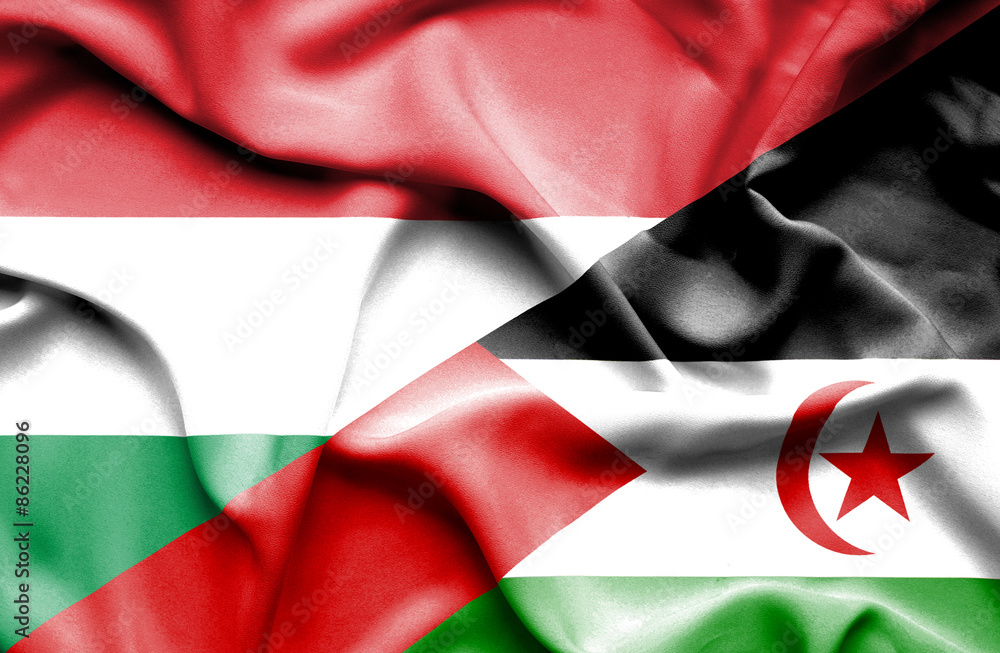 Waving flag of Western Sahara and Hungary