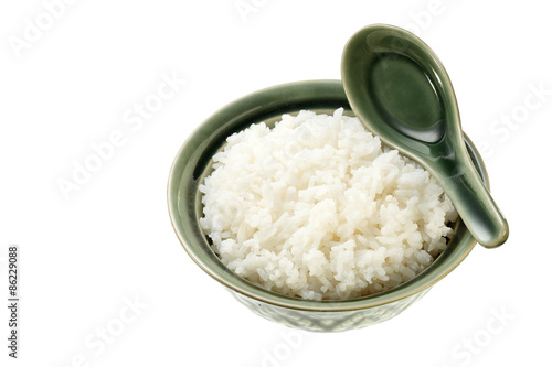 Rice on green Bowl isolated on white background