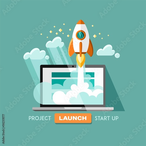 Flat concept background with rocket. Project start up - launch. Vector illustration.
