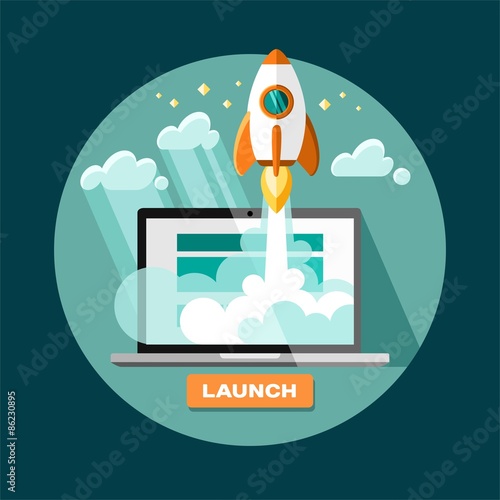 Flat concept background with rocket. Project start up - launch. Vector illustration.