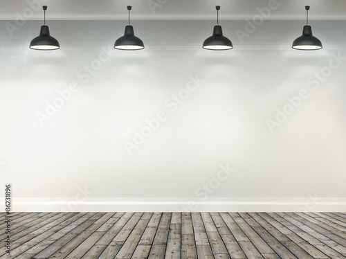 3d blank white room with ceiling lamps