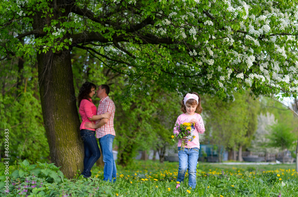 Fototapeta premium a girl collects the field flowers in a bouquet sits near parents