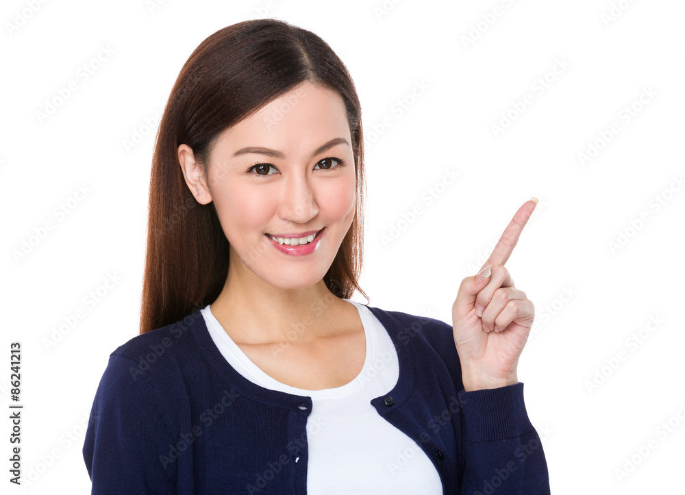 Asian young woman with finger point upwards for selling somethin Asian young woman with finger point upwards for selling somethin