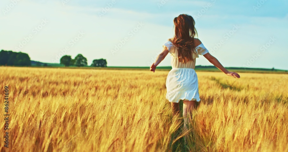 Beautiful girl running on sunlit wheat field. Slow motion 120 fps. Sun lens flare. Freedom concept. Happy woman having fun outdoors in a wheat field on sunset or sunrise. Slow motion. Harvest. Beautiful girl running on sunlit wheat field. Slow motion 120 fps. Sun lens flare. Freedom concept. Happy woman having fun outdoors in a wheat field on sunset or sunrise. Slow motion. Harvest.
