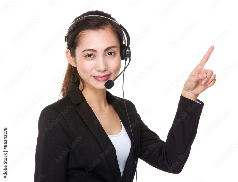 Customer services officer with finger point up Customer services officer with finger point up