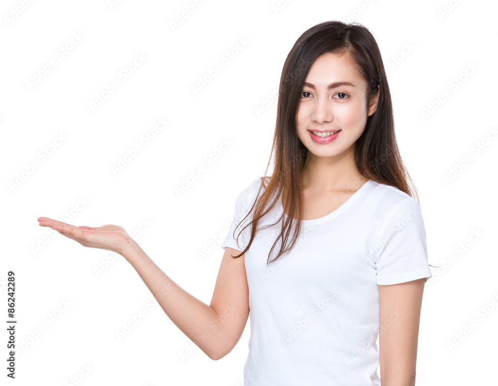 Young lady with hand show with blank sign Young lady with hand show with blank sign