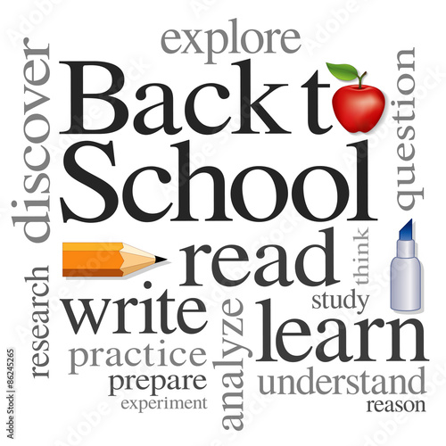 Back to School, education apple read, write, learn, word collage