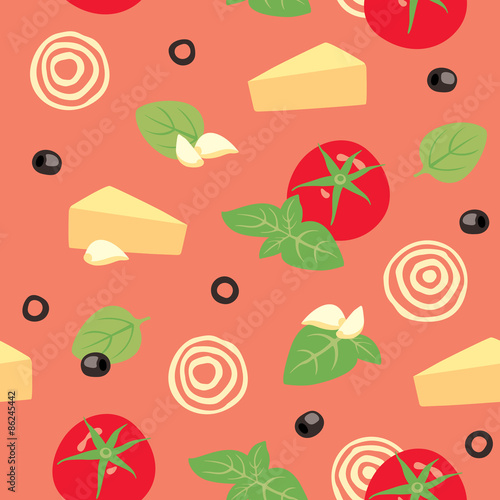 Seamless vector background with tomato, cheese, basil, olives and garlic