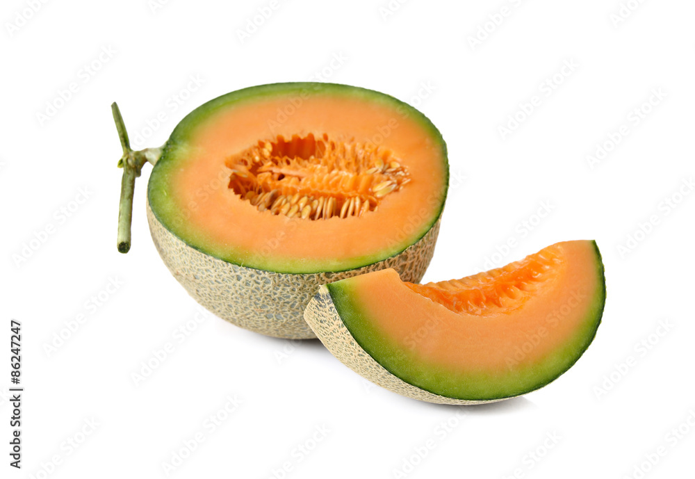 half cut melon with stem on white background half cut melon with stem on white background