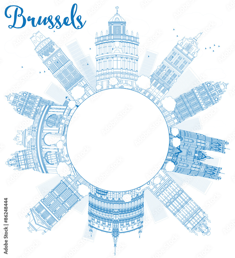 Outline Brussels skyline with blue building and copy space