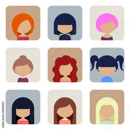 Set of Women Faces Icons in Flat Design