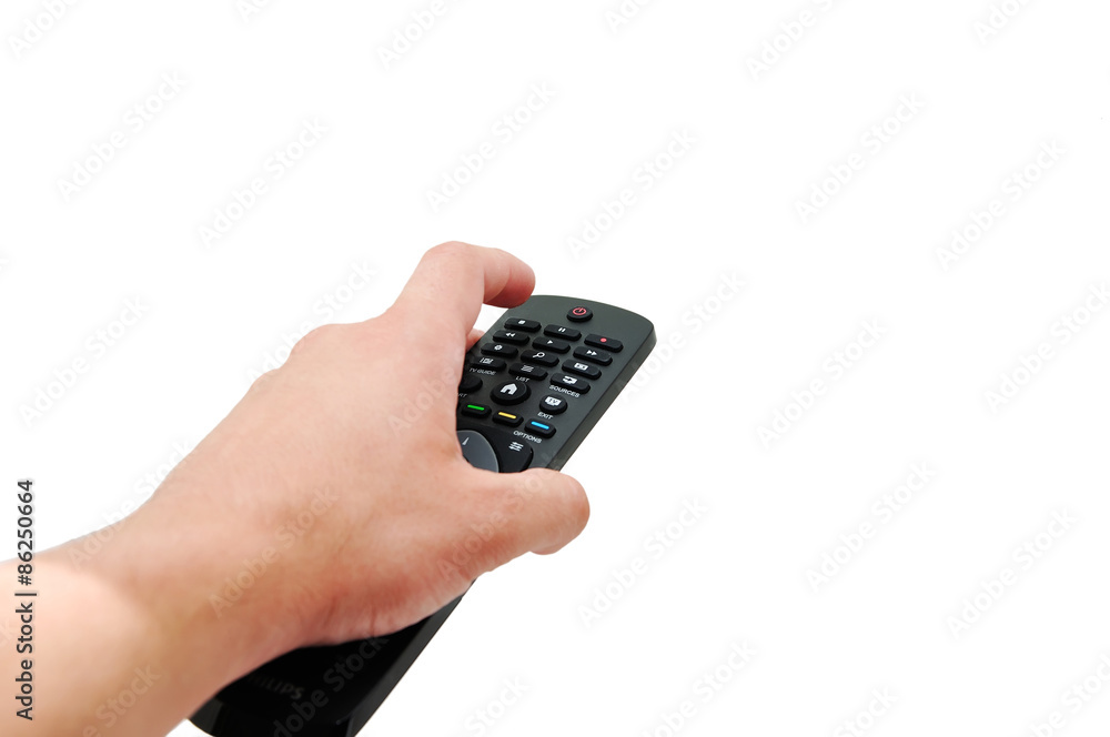 The hand of man holds a stand from TV The hand of man holds a stand from TV